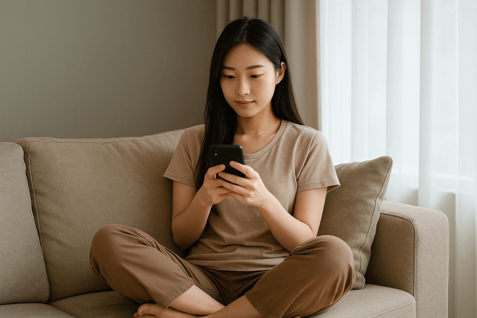 실내에서 양반다리로 소파에 앉아 스마트폰을 보고 있는 여성의 모습으로, 편안한 앉는 일상을 표현한 장면
