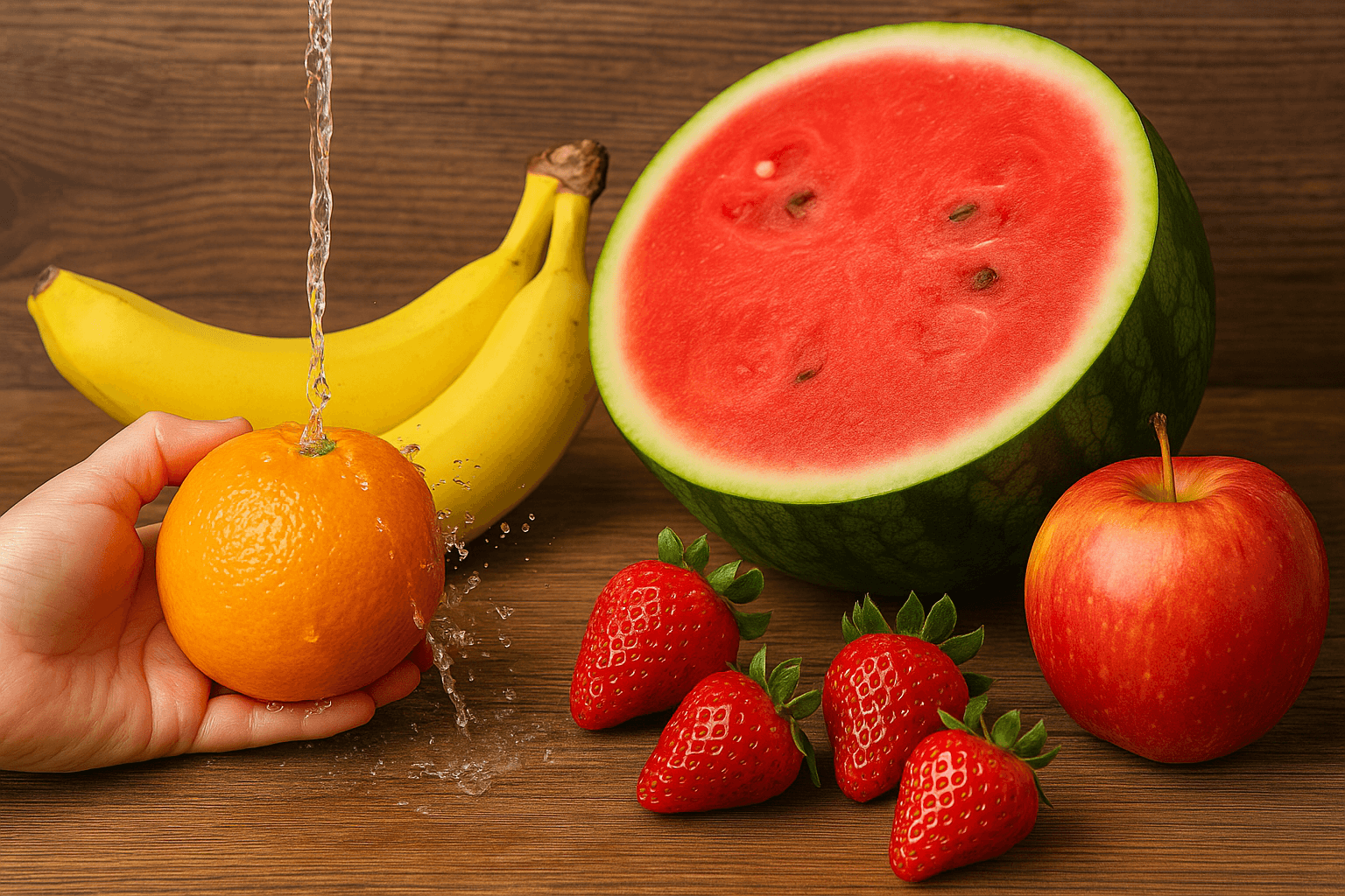 과일 씻어야 하는 이유를 설명하는 이미지 – 씻는 중인 귤과 함께 바나나, 수박, 사과, 딸기가 놓인 모습
