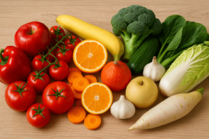 과일 채소 색깔별 항산화 식단을 표현한 이미지로, 빨강·주황·초록·흰색 그룹의 신선한 채소와 과일이 나무 테이블 위에 배열된 모습