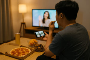 도파민 디톡스 관련, 한 남성이 스마트폰으로 영상을 보며 테이블 위 간식을 먹고 있는 실내 장면. 거실 조명이 따뜻하고 편안한 분위기