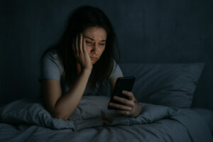 보복성 수면 미루기로 밤늦게까지 스마트폰을 보며 잠을 미루는 피곤한 여성의 모습
