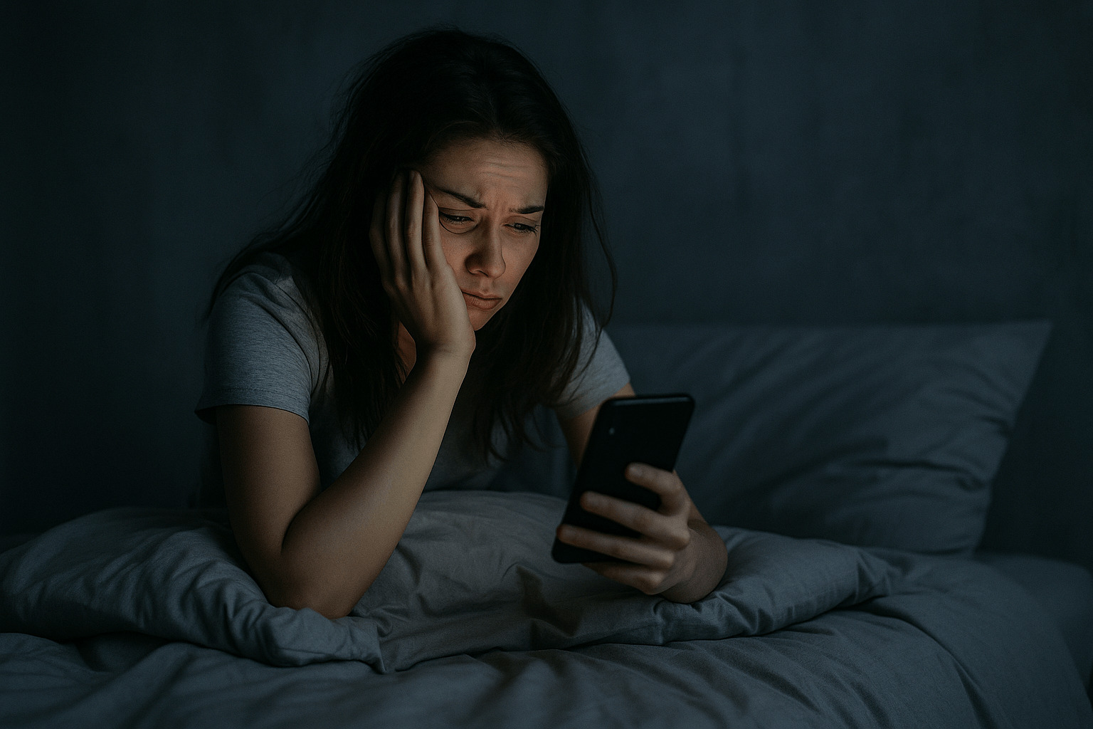 보복성 수면 미루기로 밤늦게까지 스마트폰을 보며 잠을 미루는 피곤한 여성의 모습