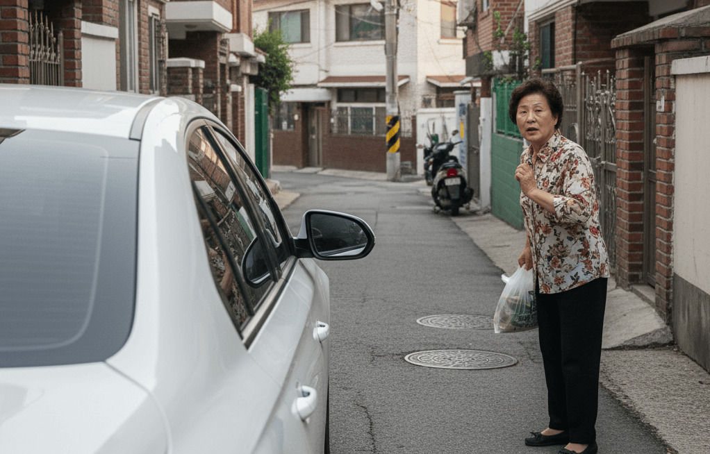 골목길에서 차량 운행으로 보행자가 놀라 멈칫하는 장면. 비접촉 사고도 뺑소니가 될 수 있음을 암시.