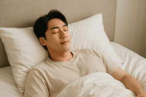 숙면 습관 실천을 위해 침대에서 편안하게 휴식 중인 남성의 자연스럽고 부드러운 모습