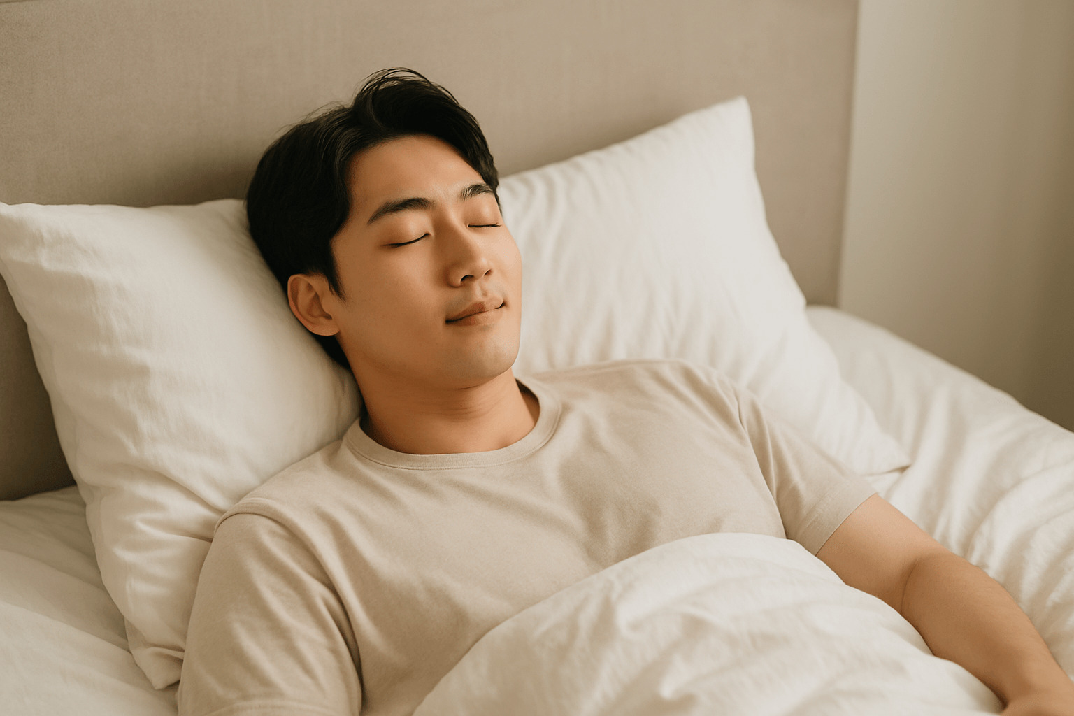 숙면 습관 실천을 위해 침대에서 편안하게 휴식 중인 남성의 자연스럽고 부드러운 모습