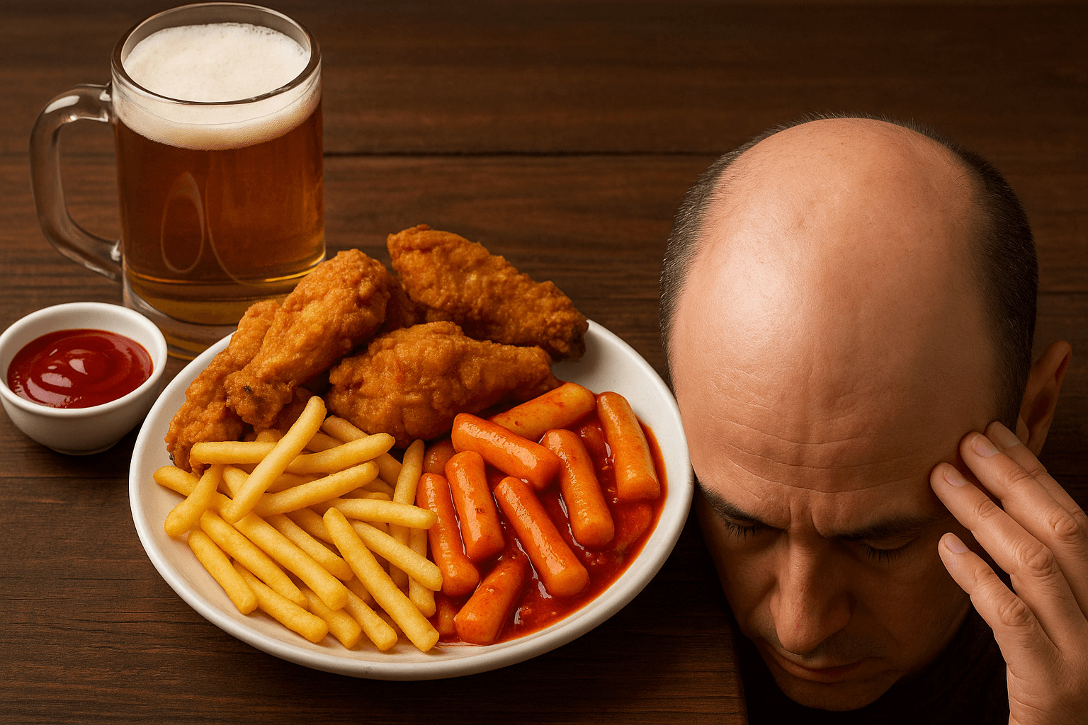 야식이 탈모에 영향을 주는 모습 – 치킨과 떡볶이를 앞에 둔 채 두통을 느끼는 남성과 두피 스트레스 상황
