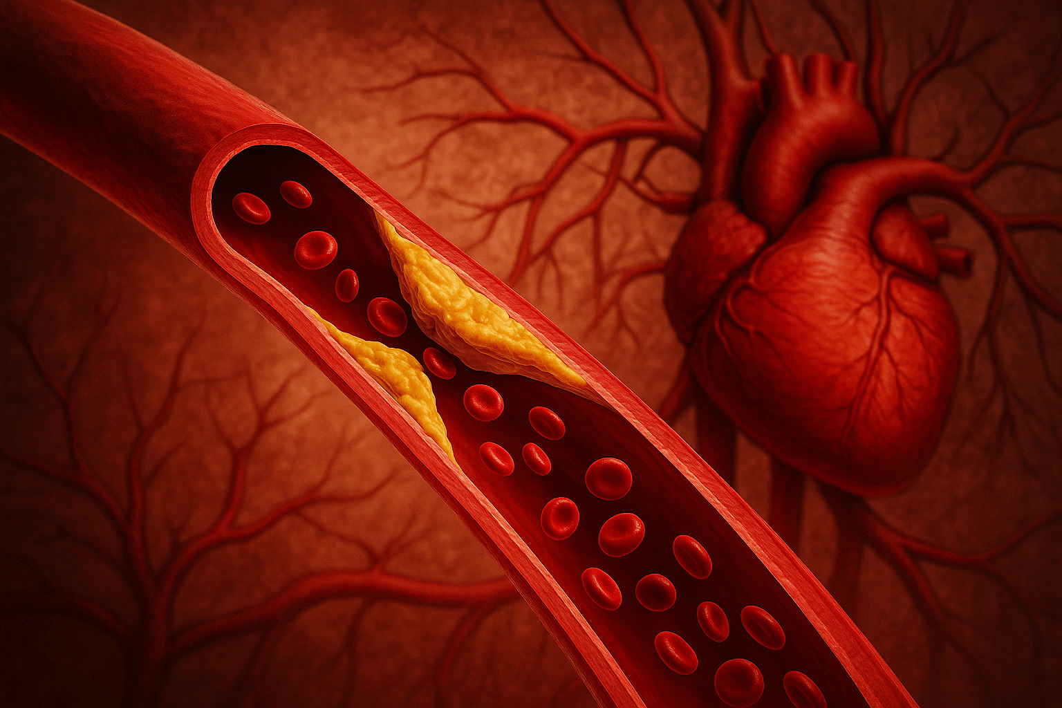 혈관이 막히기 전의 모습을 사실적으로 묘사한 이미지로, 좁아진 혈관 내부를 따라 피가 흐르며 일부 구간이 막히는 장면