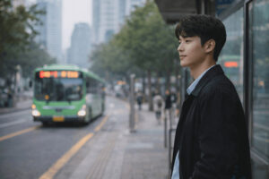 K-패스 교통비 환급 제도와 출퇴근 대중교통 이용 일상을 상징하는 버스정류장 장면