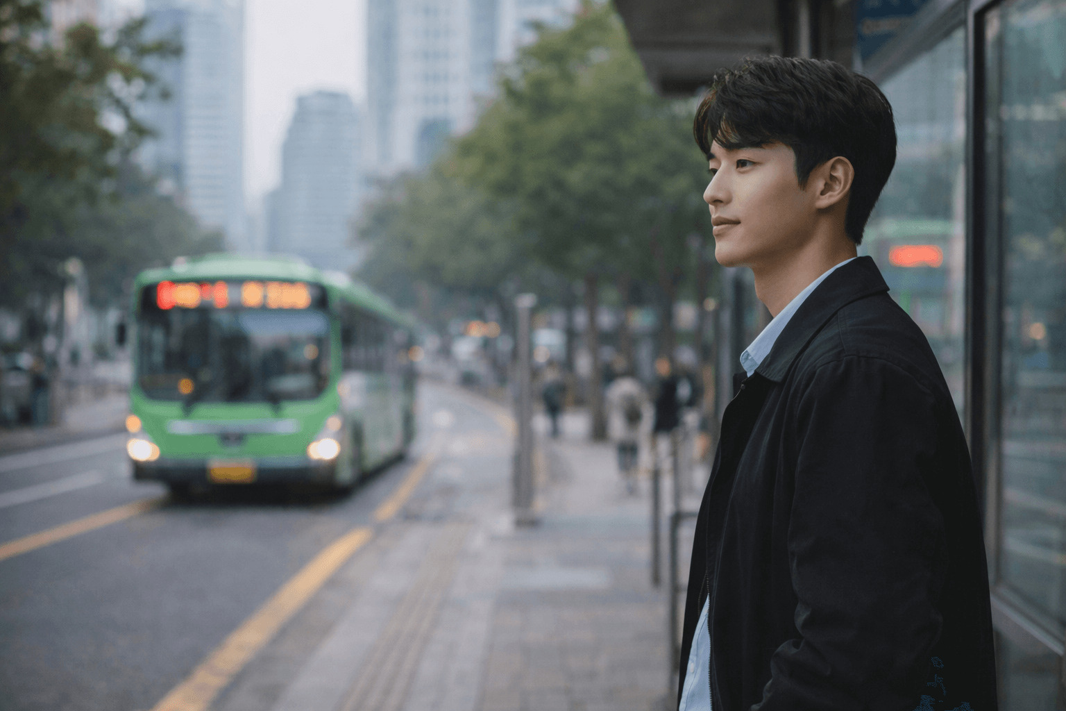 K-패스 교통비 환급 제도와 출퇴근 대중교통 이용 일상을 상징하는 버스정류장 장면