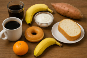 공복에 안 좋은 음식으로 알려진 커피, 도넛, 바나나, 귤, 요거트, 빵, 고구마, 우유와 탄산음료가 나무 테이블 위에 놓인 모습