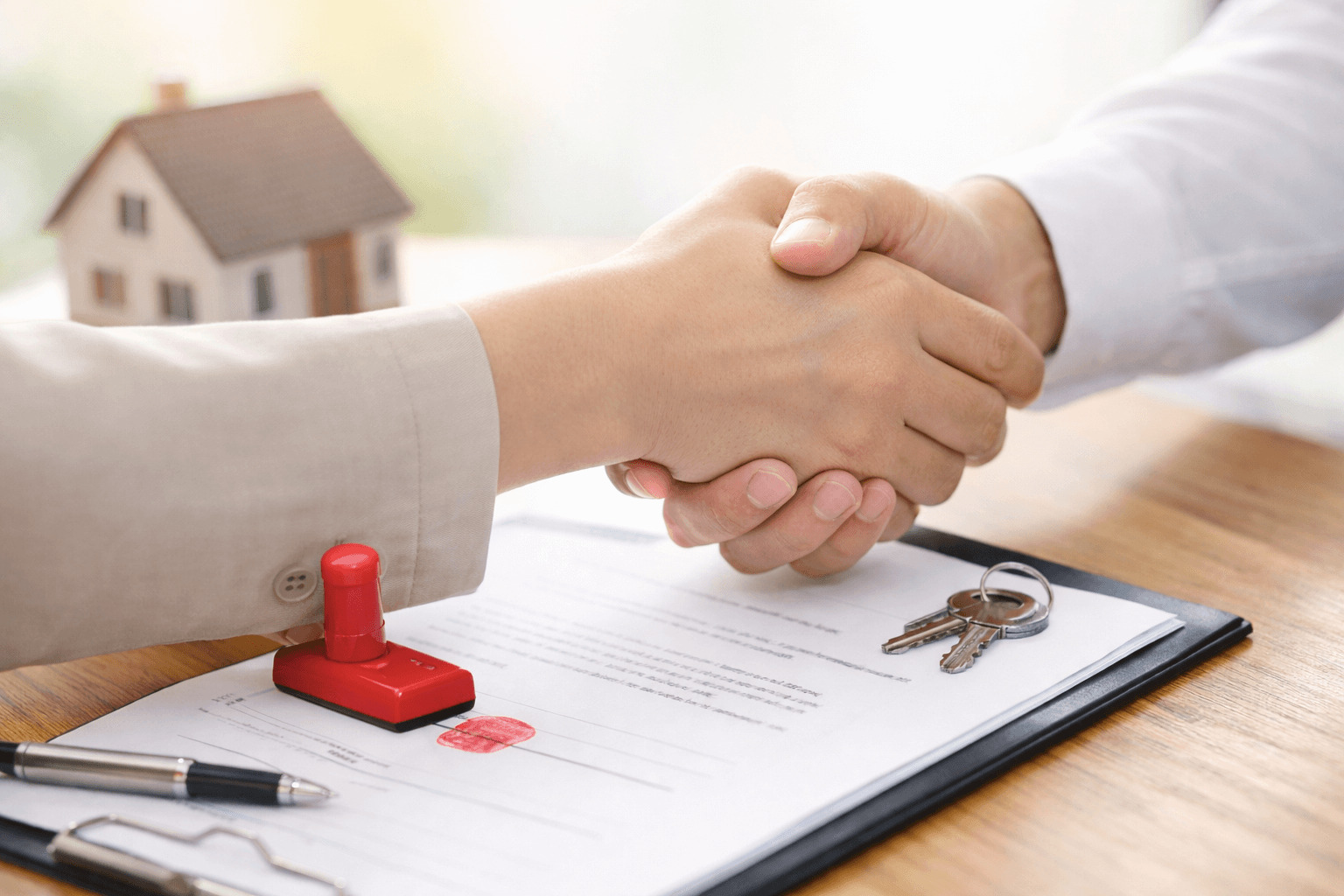 등기부등본을 확인한 뒤 계약서 앞에서 악수하는 두 사람의 모습, 안전한 부동산 계약을 상징