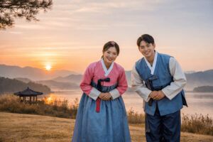 새해 인사말을 전하는 한복 차림의 청춘 남녀가 해돋이를 배경으로 정중히 인사하는 장면