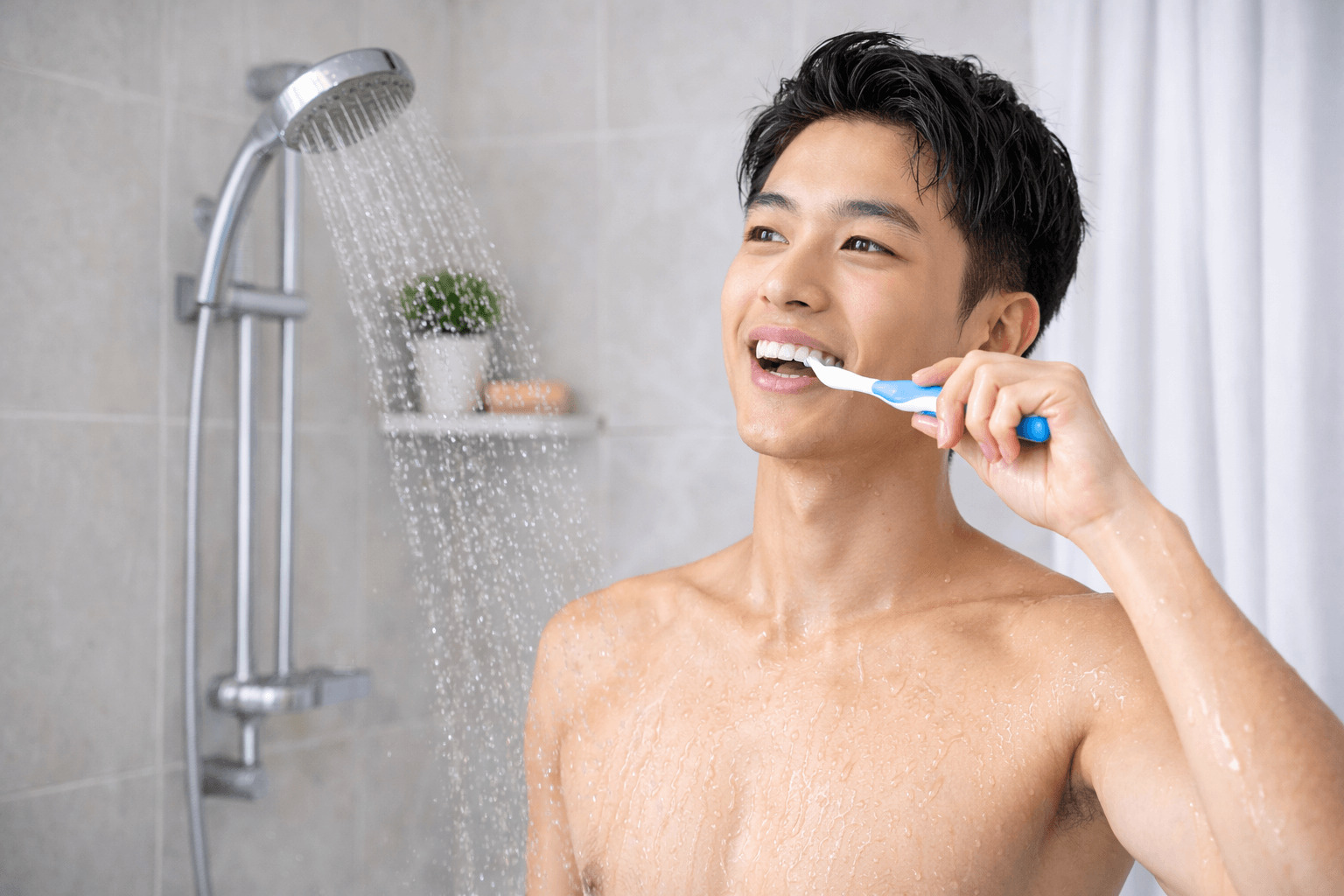 샤워하며 양치하는 청년의 모습, 벽에 고정된 샤워기 아래에서 욕실 위생 습관을 보여주는 장면