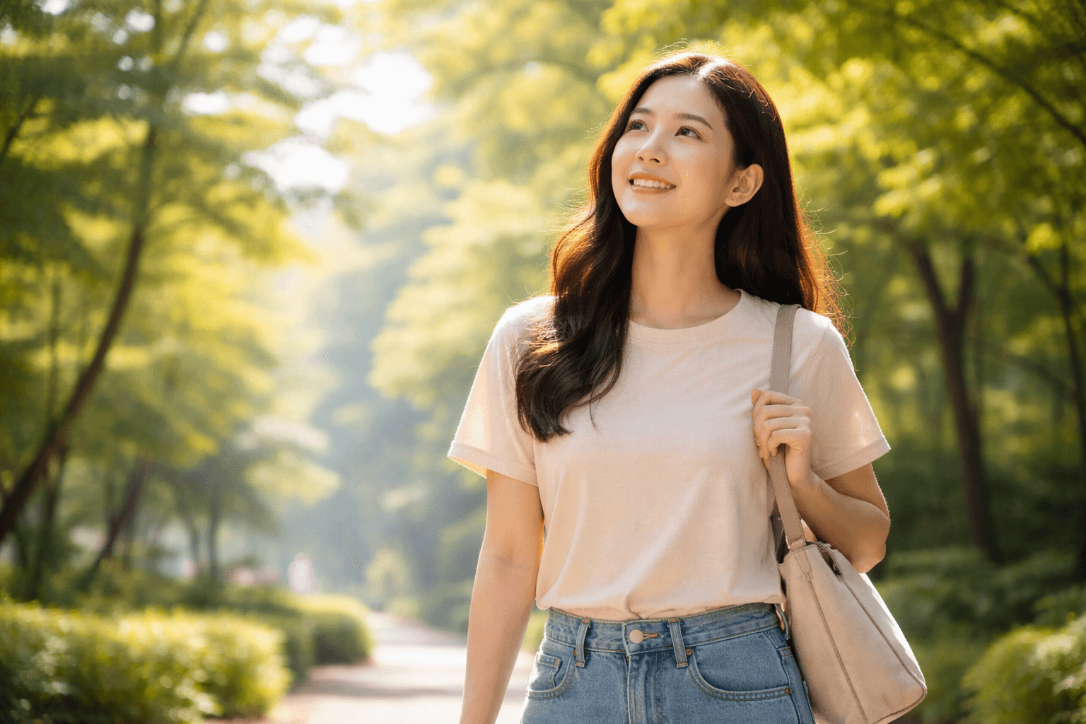 수면 시간이 충분한데도 피곤함을 느끼는 사람을 상징하는 아침 햇빛 산책 장면