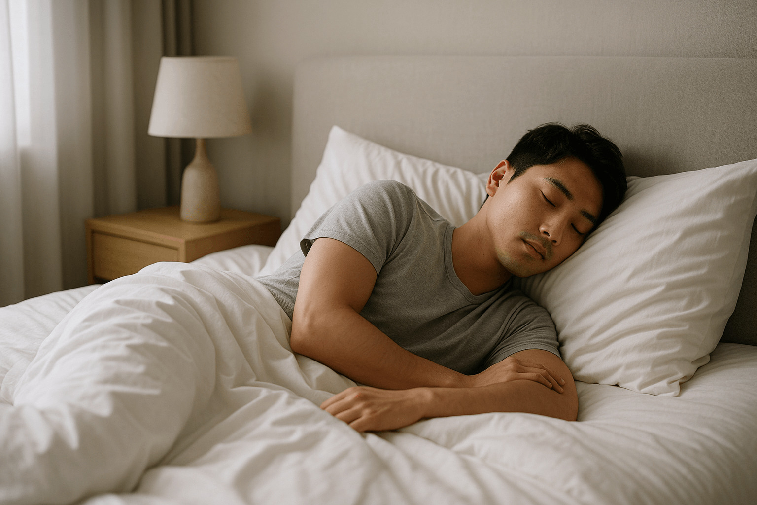 수면의 질 관리를 위해 편안한 침실 환경에서 잠든 남성의 모습