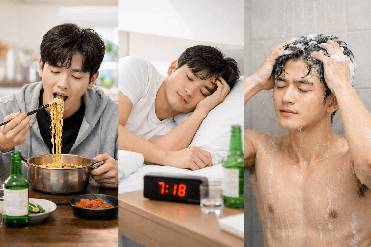 술 마신 날 라면을 먹고 잠들거나 샤워하는 한국 청년의 모습으로, 음주 후 해장·수면·샤워 타이밍이 건강에 미칠 수 있는 영향을 표현