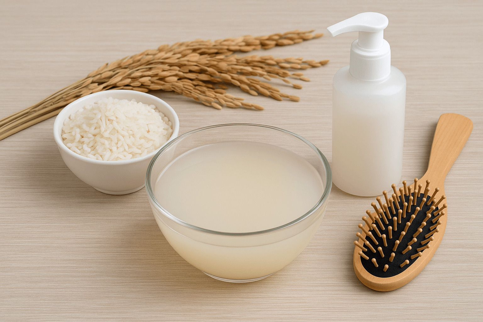 쌀뜨물 효능을 표현한 사진, 그릇에 담긴 쌀뜨물과 쌀, 두피 관리 소품이 함께 놓인 실사 이미지