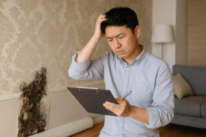 이사 나갈 때 도배와 곰팡이 상태를 확인하며 원상복구 범위를 고민하는 세입자의 모습