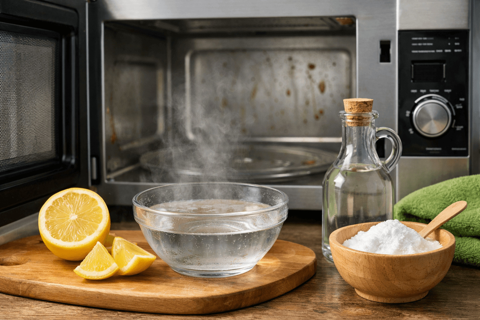 전자레인지 청소를 위해 레몬과 물을 이용해 스팀을 준비하는 주방 장면