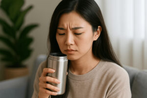 텀블러 냄새를 확인하며 위생 상태를 점검하는 여성의 모습
