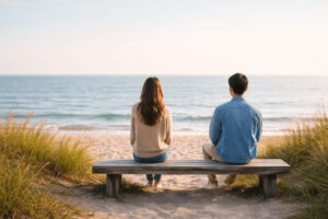 포옹이 위로가 되기도 하고 부담이 되기도 하는 이유를 상징적으로 보여주는 바닷가 벤치의 두 사람