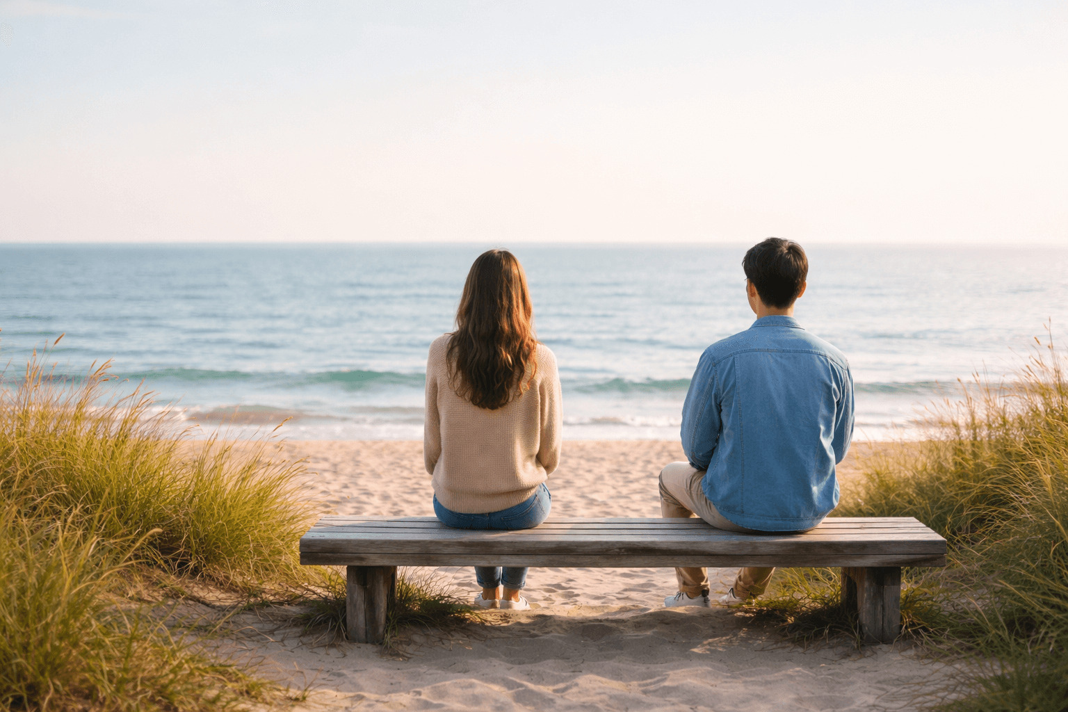 포옹이 위로가 되기도 하고 부담이 되기도 하는 이유를 상징적으로 보여주는 바닷가 벤치의 두 사람