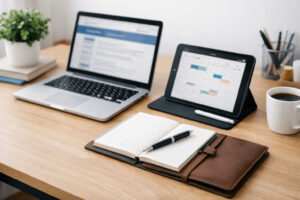 학점은행제 일정과 학점 관리를 준비하는 직장인과 학생을 위한 노트북과 다이어리가 놓인 정돈된 책상