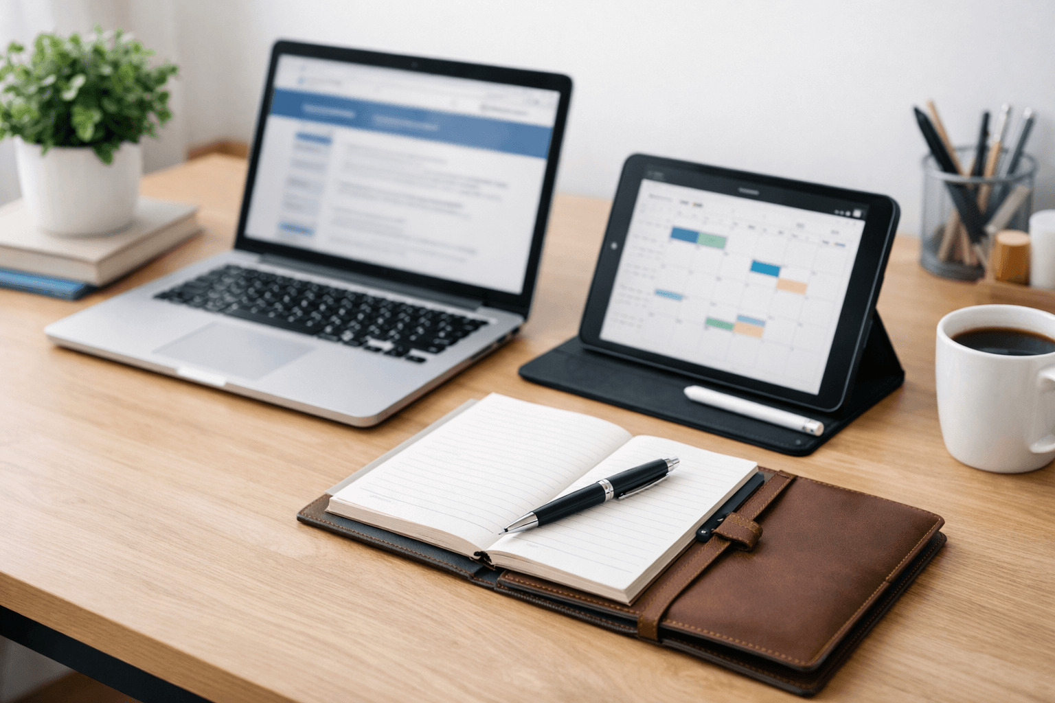 학점은행제 일정과 학점 관리를 준비하는 직장인과 학생을 위한 노트북과 다이어리가 놓인 정돈된 책상