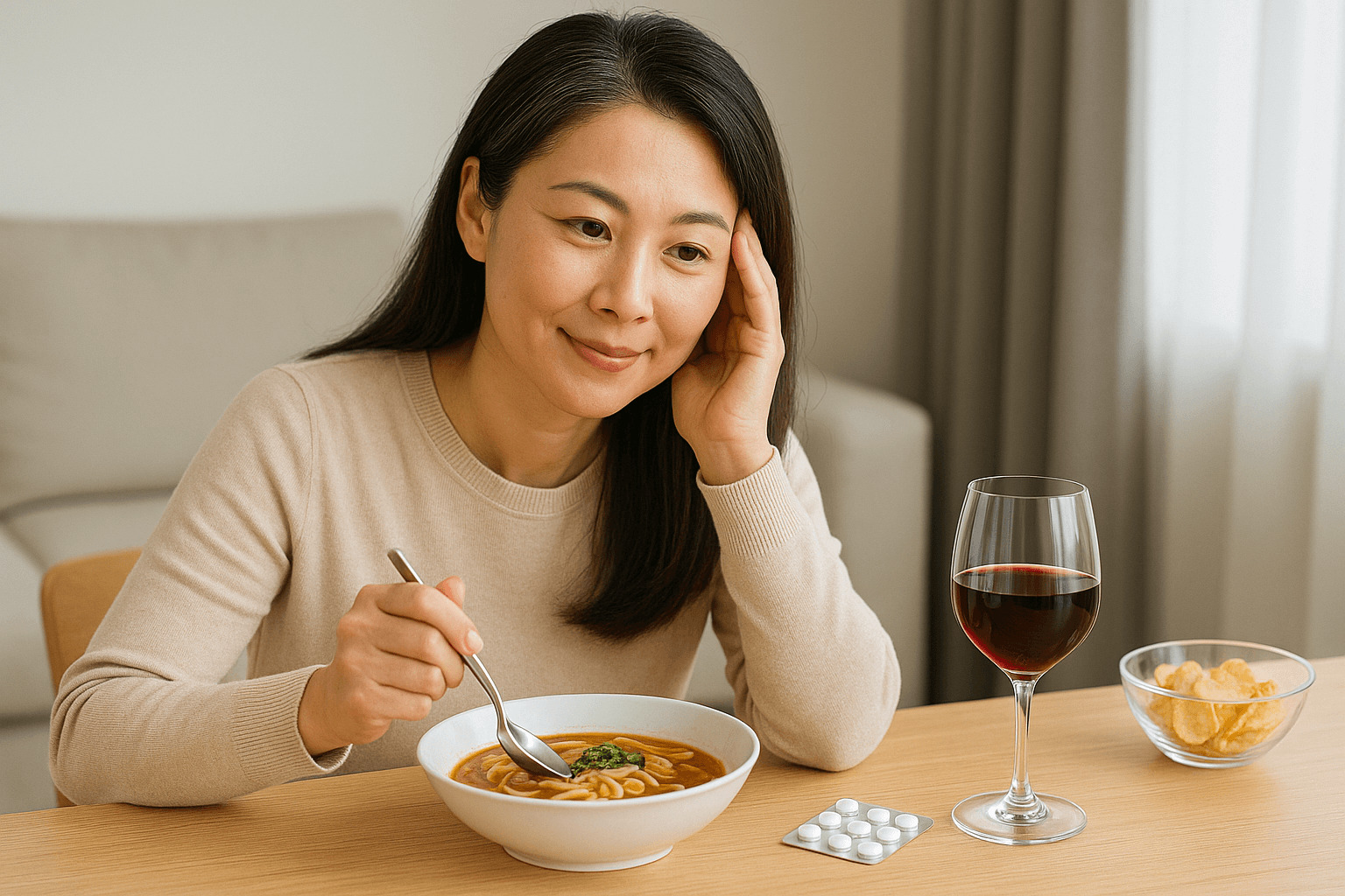 혈압약을 먹고 있는데도 혈압이 오르는 이유를 고민하며 식습관을 돌아보는 중년 여성의 일상적인 모습