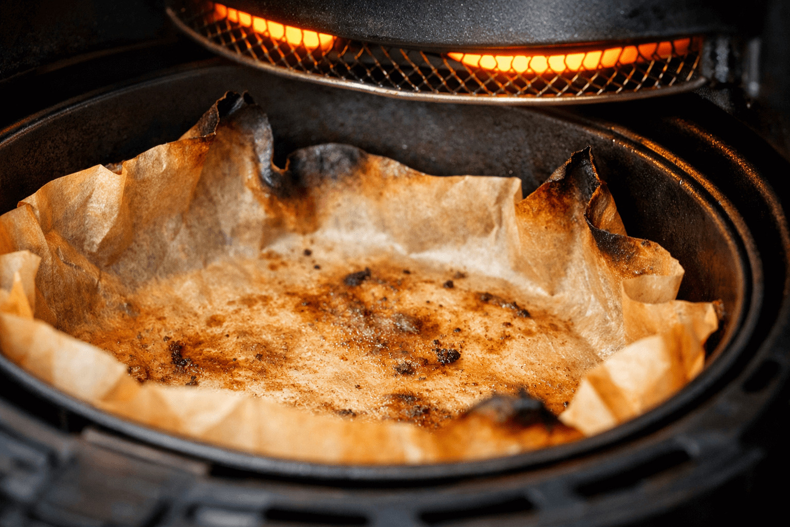 에어프라이어 바스켓 안에서 종이호일이 갈색으로 그을리고 열선 쪽으로 말려 올라간 모습