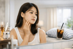 거울을 보며 얼굴선을 만지고 있는 한국 청춘의 옆모습, 비싼 관리보다 일상 습관이 얼굴선에 영향을 준다는 메시지를 담은 장면