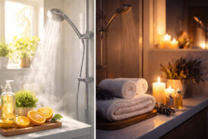샤워 시간에 따라 아침과 저녁 욕실 분위기를 대비한 이미지로, 왼쪽은 밝은 아침 샤워, 오른쪽은 편안한 저녁 샤워 장면