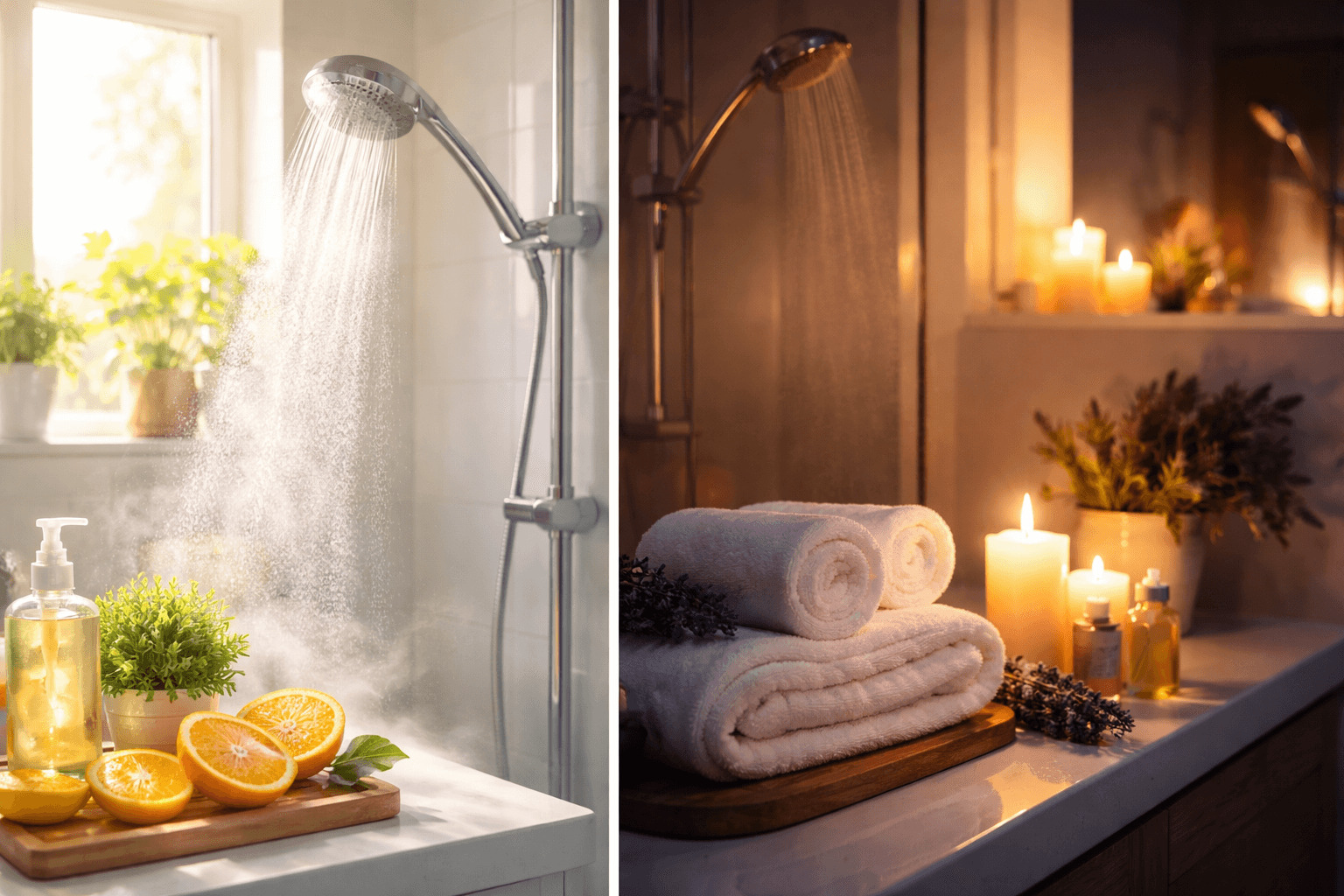 샤워 시간에 따라 아침과 저녁 욕실 분위기를 대비한 이미지로, 왼쪽은 밝은 아침 샤워, 오른쪽은 편안한 저녁 샤워 장면