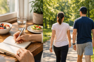 햇살이 비치는 창가에서 식단 일기를 적고 식후 산책을 하며 몸이 이상해지는 이유를 돌아보는 건강한 라이프스타일 모습