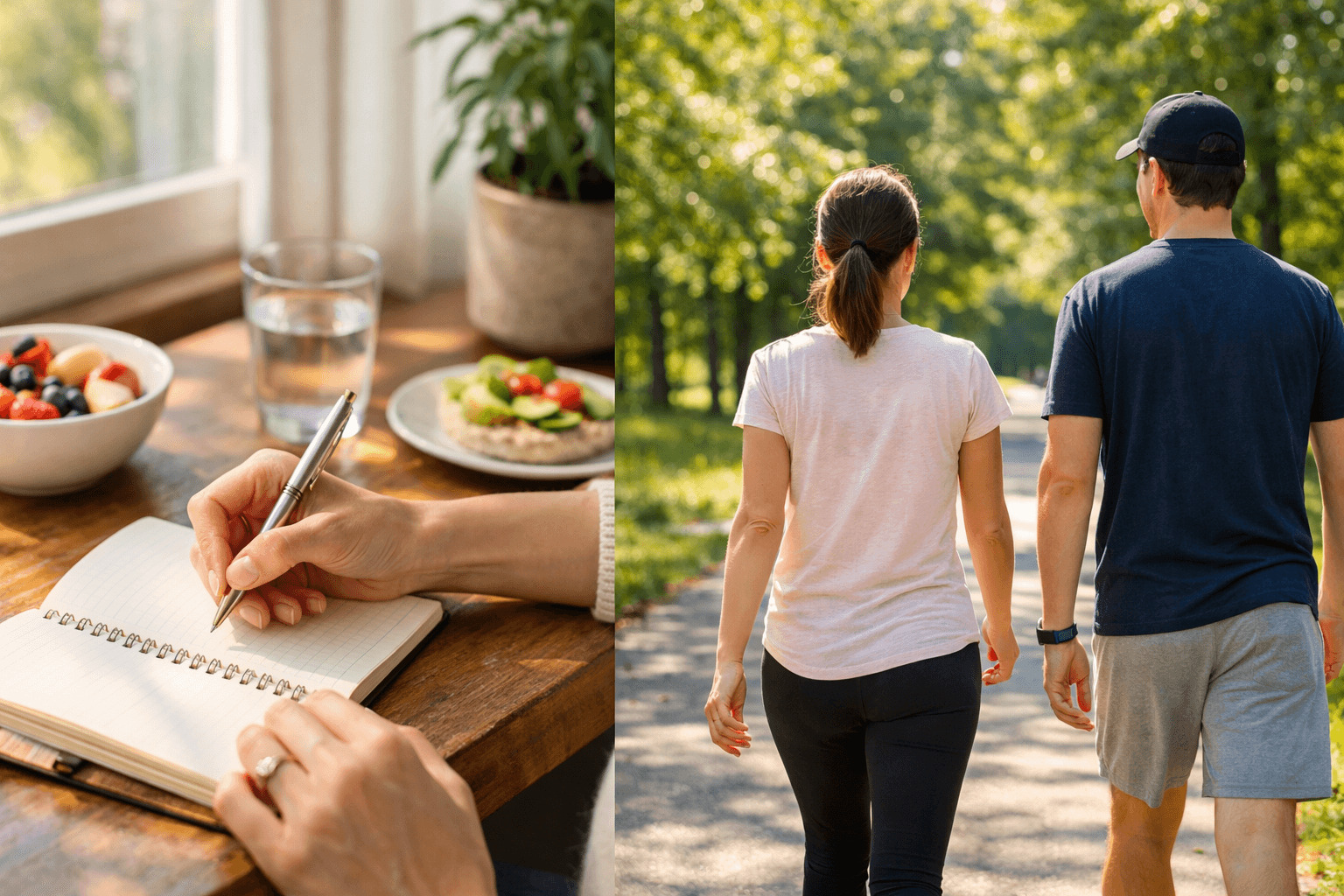 햇살이 비치는 창가에서 식단 일기를 적고 식후 산책을 하며 몸이 이상해지는 이유를 돌아보는 건강한 라이프스타일 모습