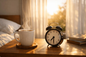 아침 공복 커피를 마시기 전 햇살이 비치는 침실 협탁 위의 커피와 시계
