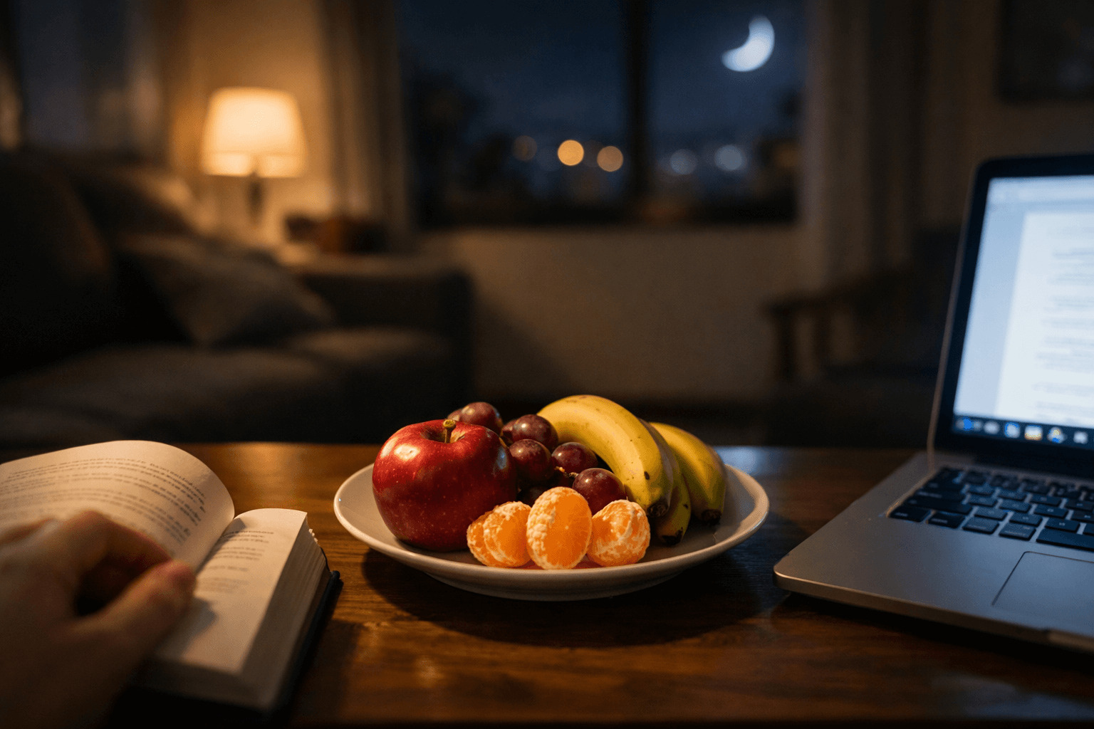 밤에 먹는 과일을 앞에 두고 살찔지 고민하는 밤 시간의 거실 풍경