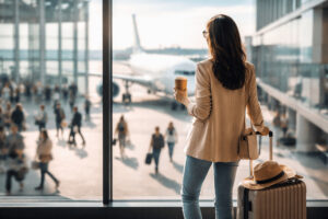 공항 고수처럼 여유롭게 커피를 들고 출국 게이트 앞에서 비행기를 바라보는 여행자
