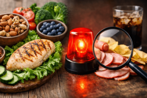 콩팥 건강을 위해 음식 선택 기준을 점검해야 함을 보여주는 이미지, 닭가슴살과 견과류 옆에 경고등이 놓인 장면