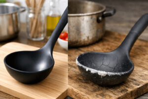 주방용품 교체 기준을 보여주는 실리콘 국자 정상 제품과 교체 대상 제품 비교