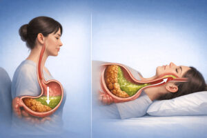 눕는 습관에 따라 위산이 식도로 역류하는 과정을 비교