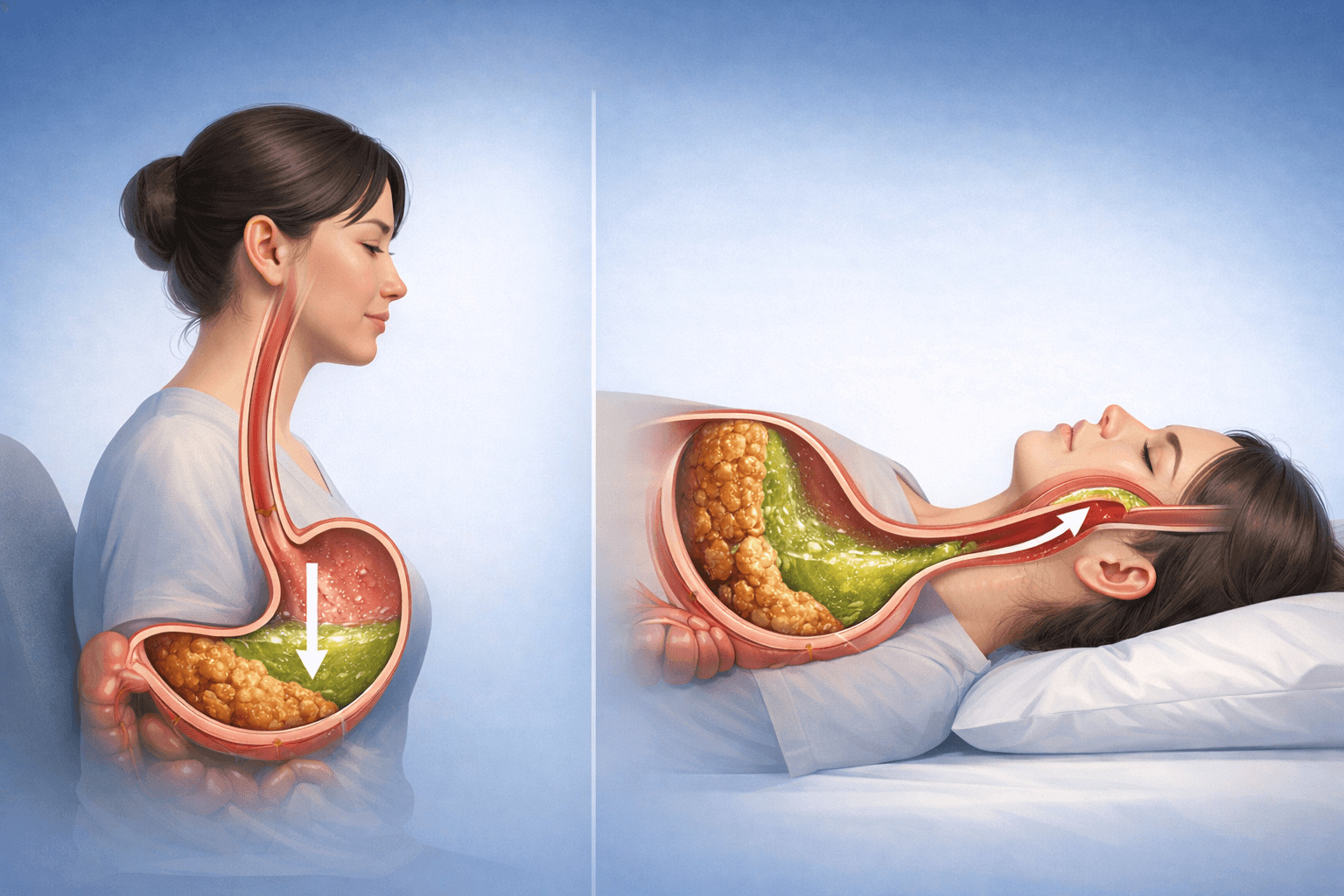 눕는 습관에 따라 위산이 식도로 역류하는 과정을 비교