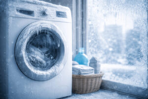 세탁기 동파 위험으로 유리창과 도어에 성에가 낀 베란다 세탁기 모습