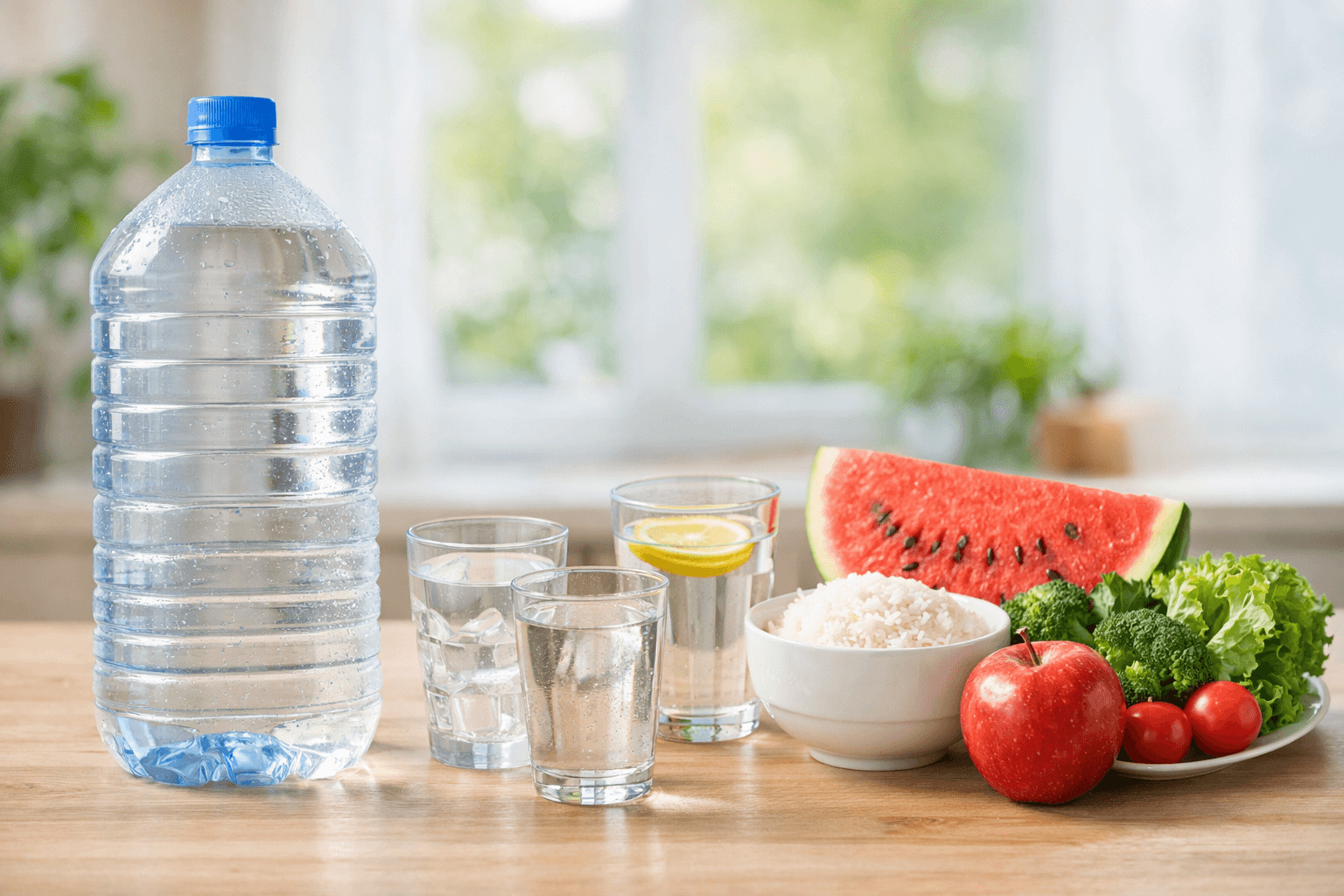 물 섭취 기준을 보여주는 비교 사진, 2L 생수병과 물 컵, 밥과 과일 채소로 구성된 수분 섭취 예시