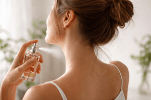 목 뒤에 향수를 뿌리려는 여성의 자연스러운 모습, 향수 분사 위치 습관을 떠올리게 하는 장면