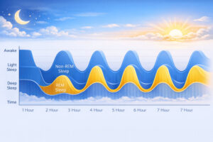 수면 시간 동안 반복되는 Non-REM 수면과 REM 수면 단계 그래프
