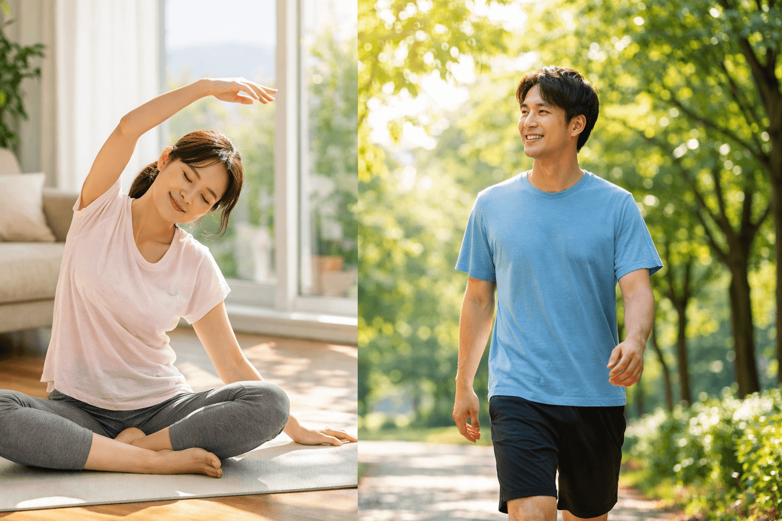밝은 햇살 아래 실내에서 스트레칭하고 공원을 걷는 사람들의 모습, 일상적인 움직임으로 관절 건강을 관리하는 장면