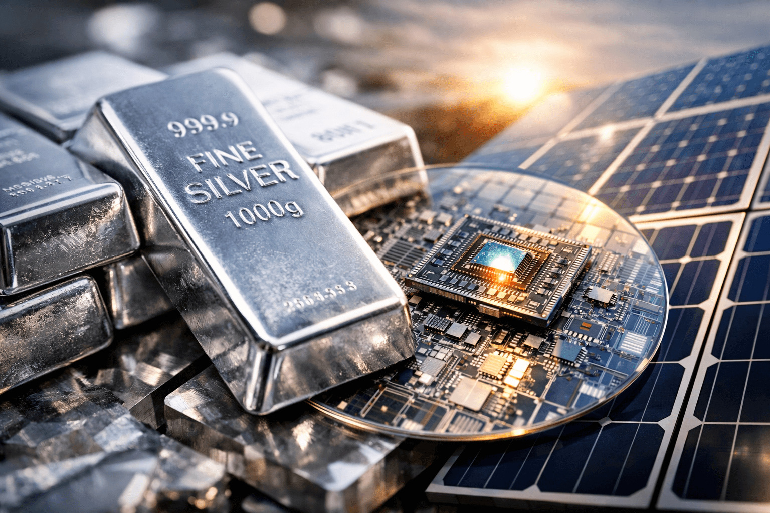 은값 상승과 태양광·반도체 산업 수요를 상징하는 은괴와 반도체 칩