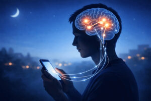 잠들기 전 스마트폰 사용으로 뇌가 각성 상태를 유지하며 수면의 질이 저하되는 과정을 표현