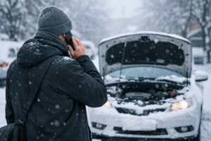 저주행 차량 관리가 필요한 겨울철, 눈 내린 아침 시동이 걸리지 않은 차 앞에서 전화하는 직장인 뒷모습